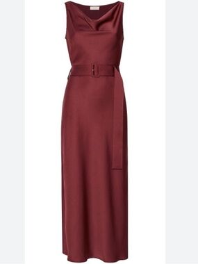LAPOINTE Burgundy Sleeveless Satin Maxi Dress with Belt